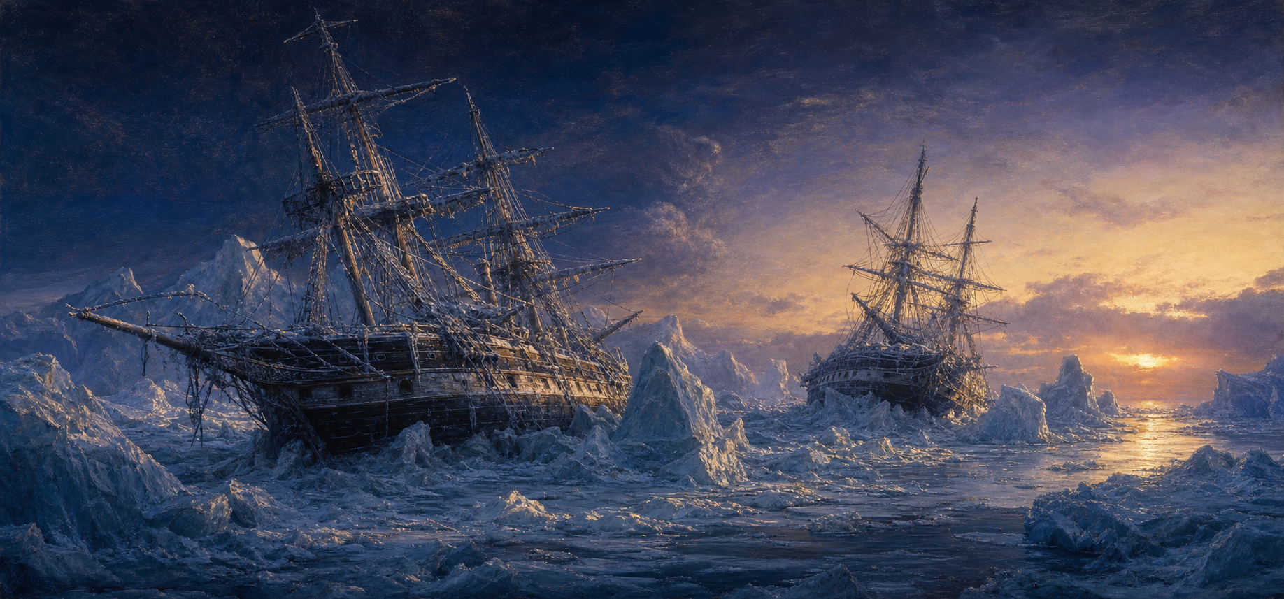 HMS Erebus and HMS Terror trapped in Arctic ice during the Franklin Expedition.